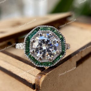 1880s Estate Antique Art Deco Engagement Ring 2 Ct Old European Diamond Engagement Ring in 935 Argentium Silver, Vintage Emerald Target Ring