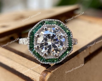 1880s Estate Antique Art Deco Engagement Ring 2 Ct Old European Diamond Engagement Ring in 935 Argentium Silver, Vintage Emerald Target Ring