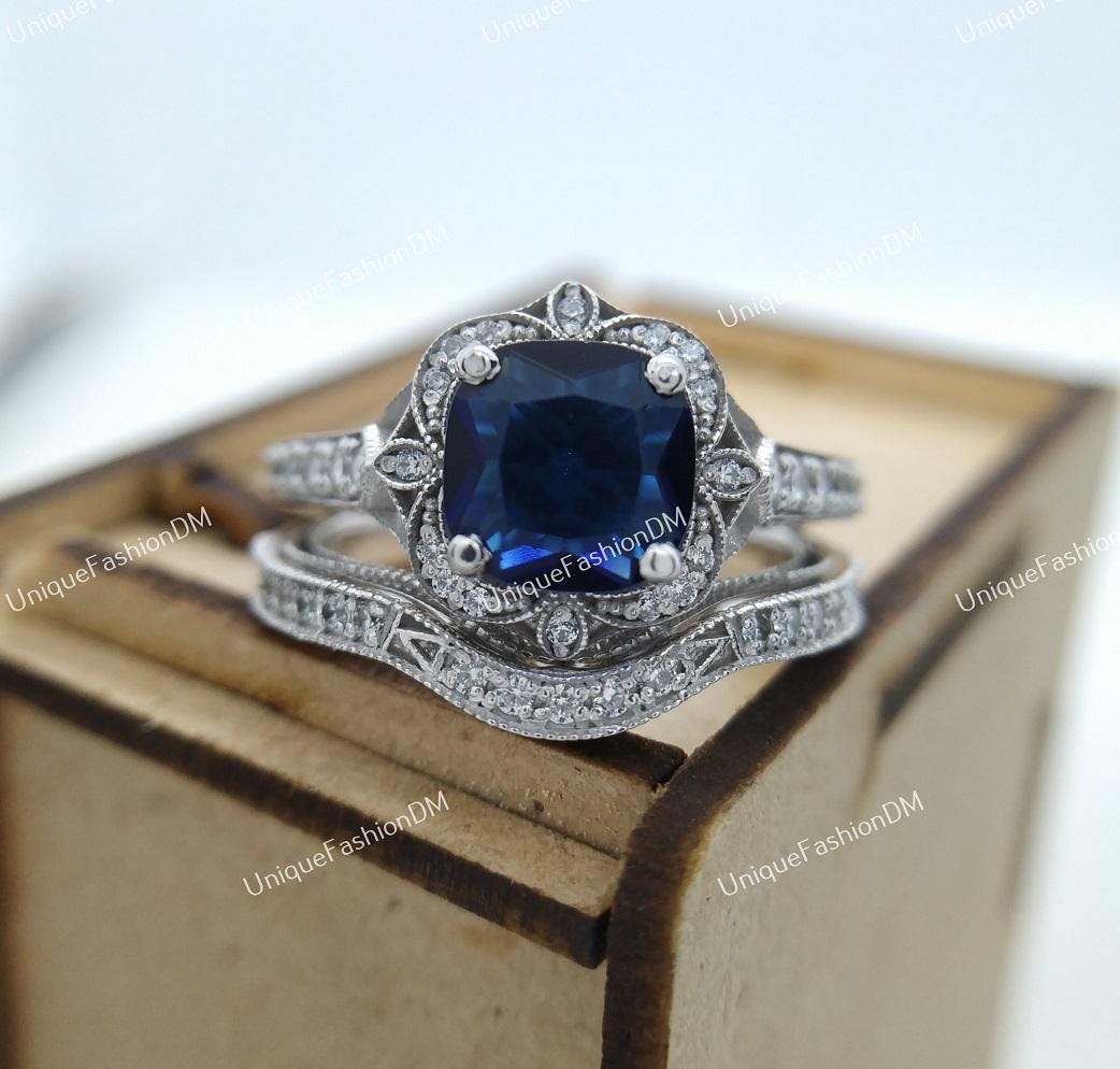Cutesmile Antique Edwardian Silver Filled Blue Sapphire CZ Ring – Eye Shape Band, Sizes 6-12 - View #12