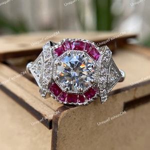 Bague de fiançailles vintage Art déco des années 1880, 2,00 carats, diamants et rubis européens anciens en argent argentium 935, bague Art déco antique, bague milieu du siècle