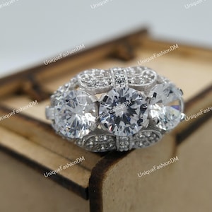 1880s Retro Antique Art Deco Engagement Ring, 3 Cts Diamond Vintage Engagement Ring Three Stone Ring in 935 Argentium Silver, Edwardian Ring