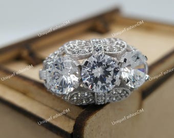 1880s Retro Antique Art Deco Engagement Ring, 3 Cts Diamond Vintage Engagement Ring Three Stone Ring in 935 Argentium Silver, Edwardian Ring