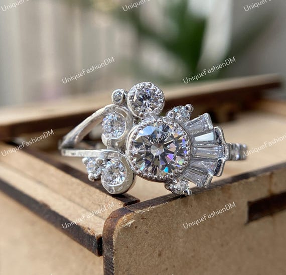 Bague De Fiançailles Ancienne Style Européenne - Argent Plaqué Or Blanc, Diamants Simulés, Taille 7-10