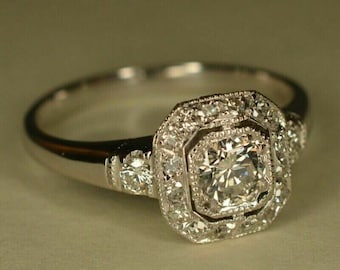 Vintage Target Halo Old European Diamond Engagement Ring 1880s Edwardian Antique Engagement Ring 935 Argentium Silver Estate Jewelry Ring