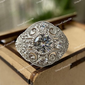 Vintage 2 Carat Old European Diamond Engagement Ring 1880s Edwardian Antique Engagement Ring in 935 Argentium Silver Estate Mid Century Ring