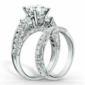 Retro Vintage 3 Stone Bridal Set Wedding Engagement Ring 2.48 Ct White Round Cut Diamond Art Deco Engagement Ring Set 935 Argentium Silver