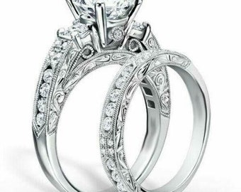 Retro Vintage 3 Stone Bridal Set Wedding Engagement Ring 2.48 Ct White Round Cut Diamond Art Deco Engagement Ring Set 935 Argentium Silver