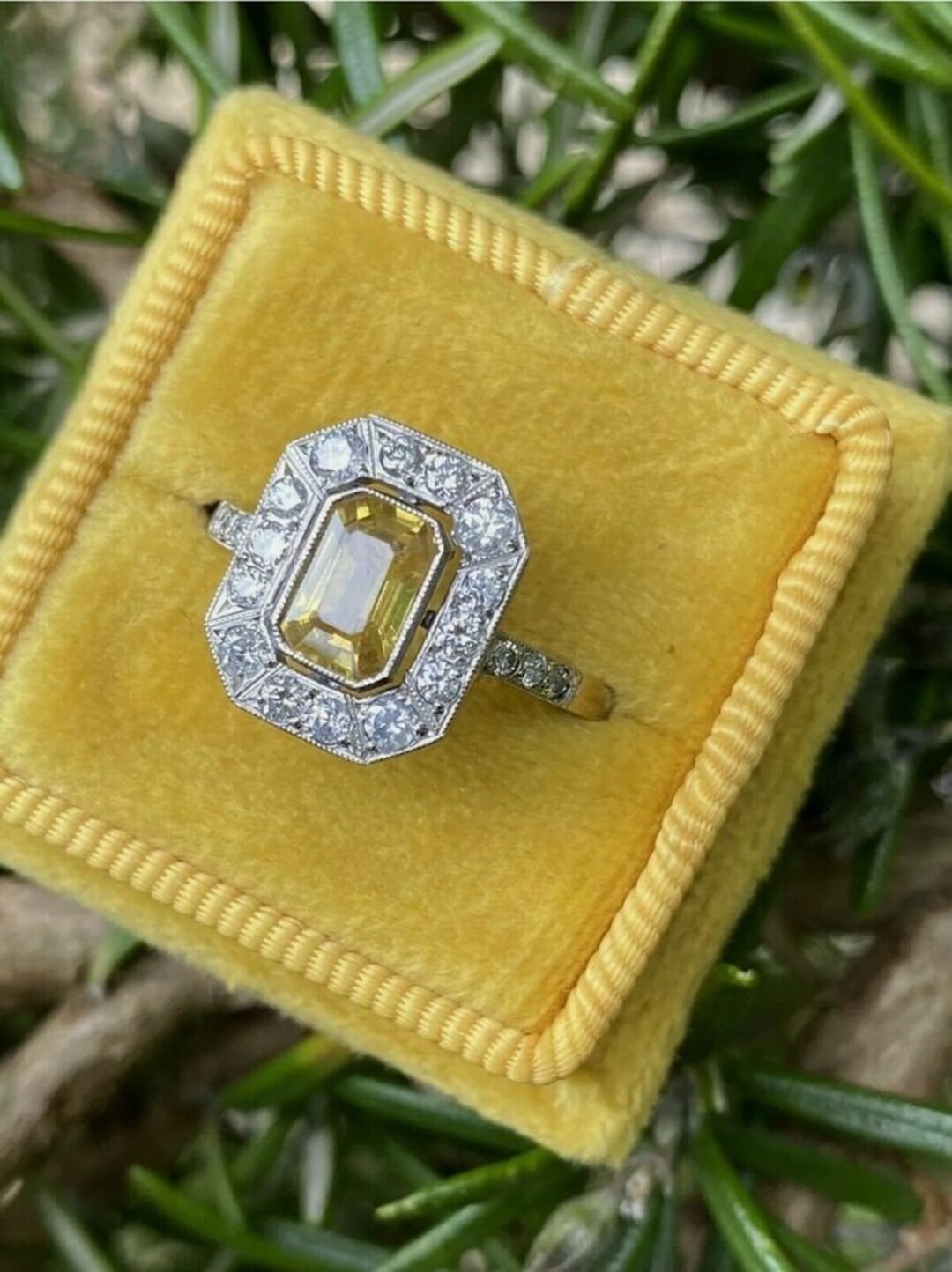 Vintage Circa 1880s Emerald Cut Yellow Sapphire Art Deco Engagement