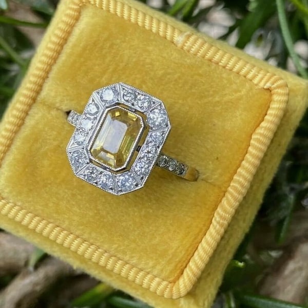 Vintage Circa 1880s Emerald Cut Yellow Sapphire Art Deco Engagement Ring 935 Argentium Silver Halo Diamond Ring Womens Antique Fine Jewelry