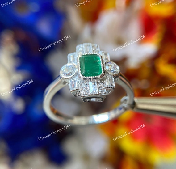 Bague de fiançailles diamant émeraude 2,00 carats vintage des