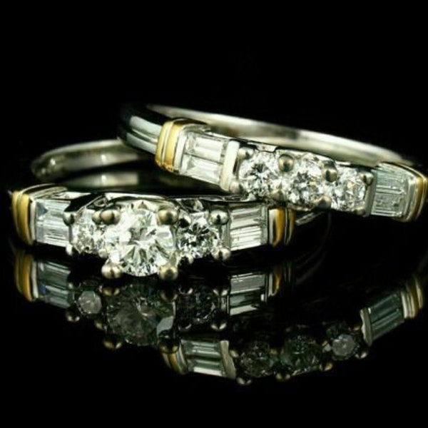 1880s Vintage 1.70 Ct Round Cut Diamond Art Deco Bridal Set Womens Vintage Engagement Ring Set In 935 Argentium Silver Retro Bridal Set