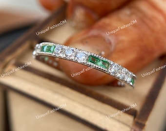 Vintage Retro Circa 1880s Diamond & Emerald Wedding Band Vintage Band Stacking Band Anniversary Alternating Antique Band Bridal Dainty Ring