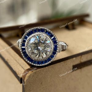 1880s Estate Art Deco Engagement Ring 2.00 Carat Old European Diamond Engagement Ring in 935 Argentium Silver, Antique Sapphire Target Ring