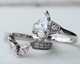 1880s Antique 2.00 Ct Marquise Cut Diamond Art Deco Bridal Set Vintage Engagement Ring Set In 935 Argentium Silver Vintage Retro Bridal Set