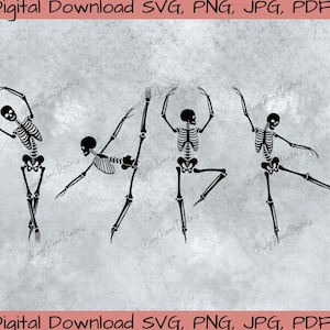 May include: Four black skeleton figures in various ballet poses. The skeletons are stylized and have a simple design.