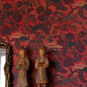 Vintage Samurai Wallpaper: Orient Red, Birds & Trees (Full Roll)