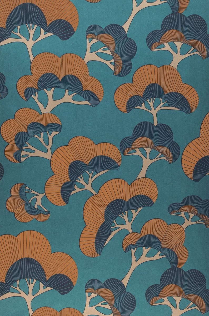 Papier peint vintage avec arbres japonais et décoration d'intérieur bohème vendu par rouleau complet uniquement 2 couleurs différentes au choix 52,1 cm de large x 10 m de long Teal