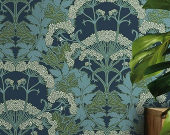 Vintage Floral Wallpaper: Blue Art Nouveau, Boho Home Decor