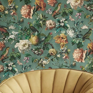 Vintage Wallpaper Parrots Boho Home Decor Sold Per Full Roll Only - 20.50" wide x 33ft long