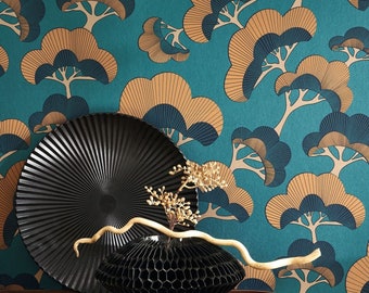 Papier peint vintage avec arbres japonais et décoration d'intérieur bohème vendu par rouleau complet uniquement – 2 couleurs différentes au choix – 52,1 cm de large x 10 m de long