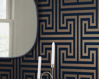 Papier peint vintage Labyrinthe bleu, décoration d'intérieur bohème, vendu par rouleau complet uniquement - 20,50 po. de large x 33 pi de long