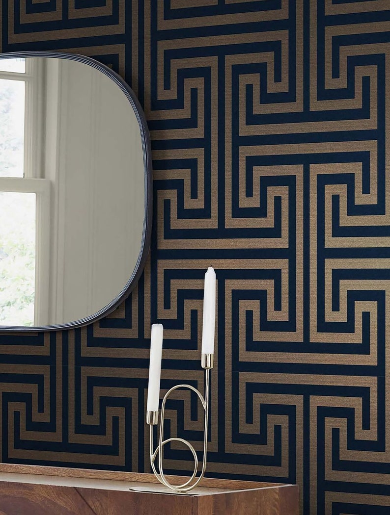 Vintage Wallpaper Blue Maze Boho Home Decor Sold Per Full Roll Only 20.50 wide x 33ft long image 1