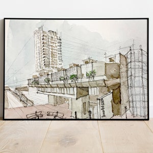Barbican Center Architecture brutaliste Impression d&#39;art peinture à l&#39;aquarelle
