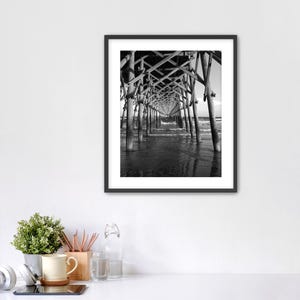 Framed Fine Art Black and White Paper Print Folly Beach Pier, Folly Island, South Carolina, print 20X16, framed 24X20