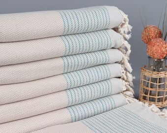 Embroidered Beach Towel, Personalized Turkish Beach Towel, Beige-Turquoise Towel, Striped Towel, 40x63 Inches Wedding Gifts,