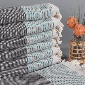 Embroidered Beach Towel, Wedding Favors for Guests, Black-Turquoise Towel, Striped Towel, 40x63 Inches Bridal Shower Gift, Sauna Towel,