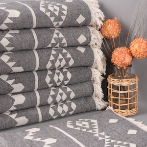 Sofa Blanket, Turkish Bedspread, Black Throw, Geometric Throw, 60x71 Inches Table Cover, Beach Blanket, Picnic Blanket, Curtain Throw,