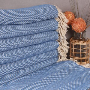 40x71 Inches Sax Blue Cotton Towel, Turkish Towel Beach, Best Friend Gift, Chevron Towel, Personalized Wedding Gift, Employee Gifts,