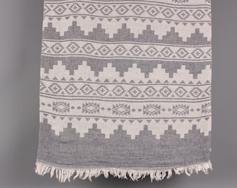 Peut inclure: Un textile à motifs gris et blancs avec un motif géométrique. Le tissu présente des formes et des motifs répétitifs, avec un bord effiloché en bas. Le textile est probablement une couverture ou un jeté.
