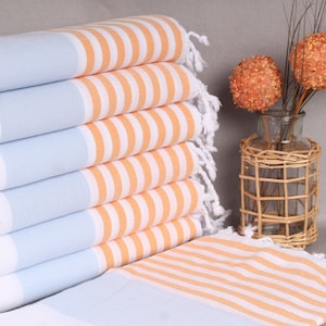 Lembrancinhas de despedida de solteira, presentes para ele, presente de aniversário, toalha para presente de casamento, toalha de algodão laranja-azul-bebê 102 cm x 183 cm, toalha listrada, presente para ela
