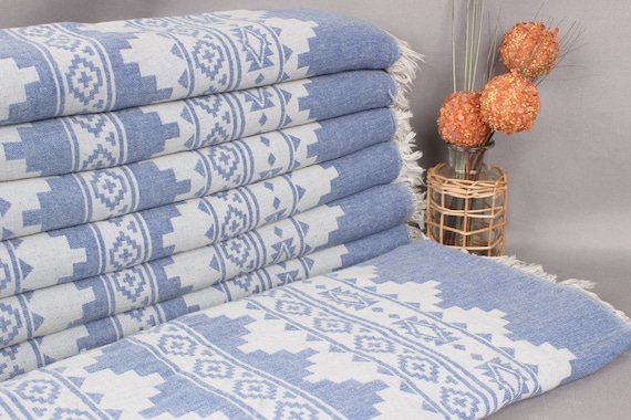 Turkish Blanket, Large Towel, Sax Blue Blanket, Kilim Throw, 56x85 Inches Cotton Throw Blanket For Couch, Camping Throw, Decor Throw,