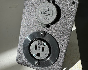 Può includere: Una piastra di presa elettrica in metallo nero con una presa standard da 120V e un caricabatterie USB. La piastra ha una superficie testurizzata ed è etichettata "15A 125V" e "USB CHARGER".