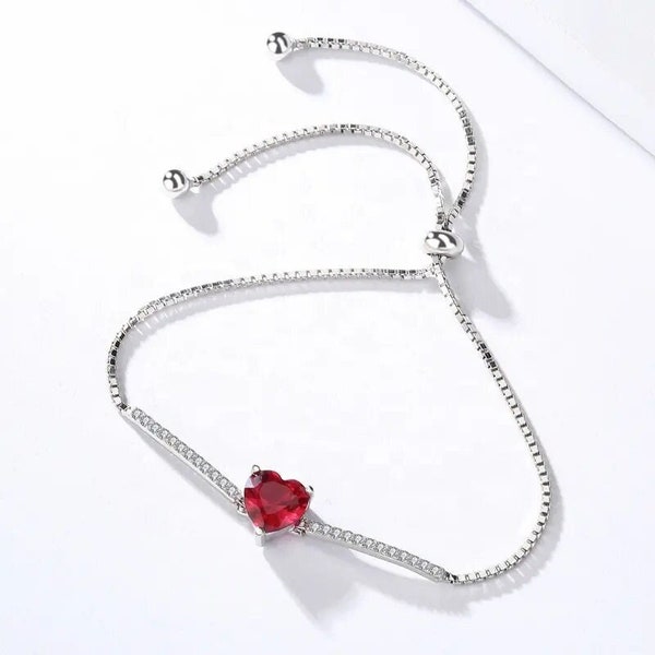 925 Sterling Silver Red Heart Bracelet | Silver Bracelet | Heart Bracelet | Mother's Day | Red Stone Bracelet