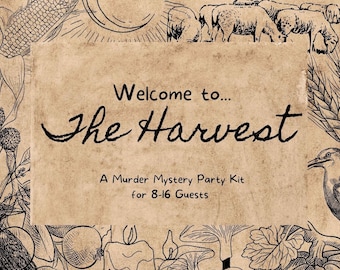 Puede incluir: Una ilustración de estilo vintage de una escena de cosecha con una tarjeta de título que dice "Bienvenido a... La Cosecha, Un Kit de Fiesta de Misterio de Asesinato para 8-16 Invitados".
