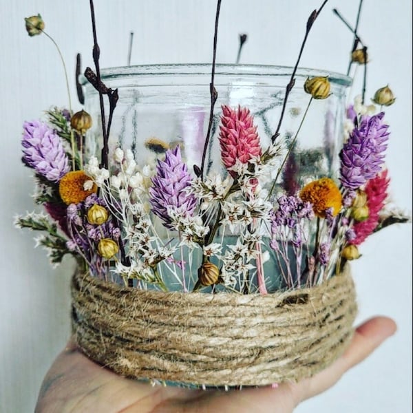 Windlicht mit Trockenblumen WILDBLUME- Teelicht Kerzenhalter Kerzenständer - Trockenblumen im Glas - süße Geschenk Idee Tischdeko Boho Style