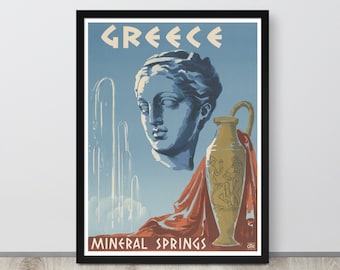Plakat podróżniczy do Grecji w stylu vintage – około 1953 r. Plakat podróżniczy do Grecji Mineral Springs