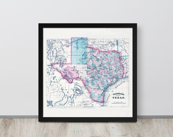 Mapa do Texas: Impressão do mapa do Texas vintage de 1866 - pôster do mapa antigo do Texas