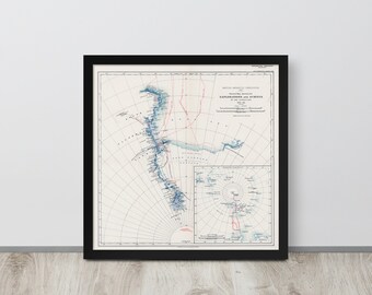 Carte de voyage en Antarctique : impression de carte de l'Antarctique britannique vintage de 1907 - Affiche de carte d'expédition de l'Antarctique britannique antique