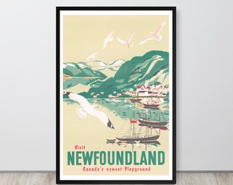 Vintage Neufundland Reiseposter – Kanada Küstenwandkunst der 1950er Jahre – Retro Maritimer Druck
