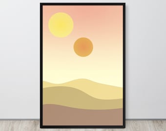 Minimalistische poster binaire zonsondergang – Twin Suns Desert Wall Art Print – decor geïnspireerd op scifi