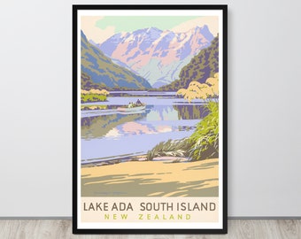 Vintage See Ada Neuseeland Reiseplakat: Südinsel Druck