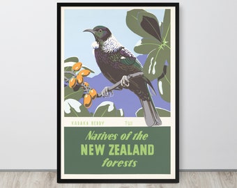 Vintage Neuseeland Reiseplakat: Tui Vogel & Karakabeeren Kunstdruck
