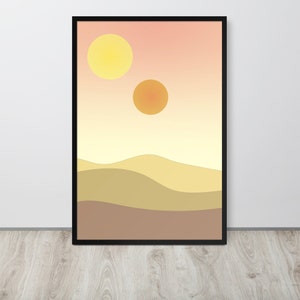 Binärer Sonnenuntergang Minimalistisches Poster - Twin Suns Desert Wandkunst - Sci-Fi inspiriertes Dekor