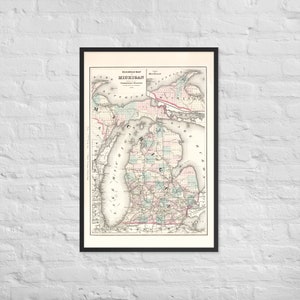 Michigan Map: Vintage 1876 Michigan Map Print – Antique Michigan Map Poster
