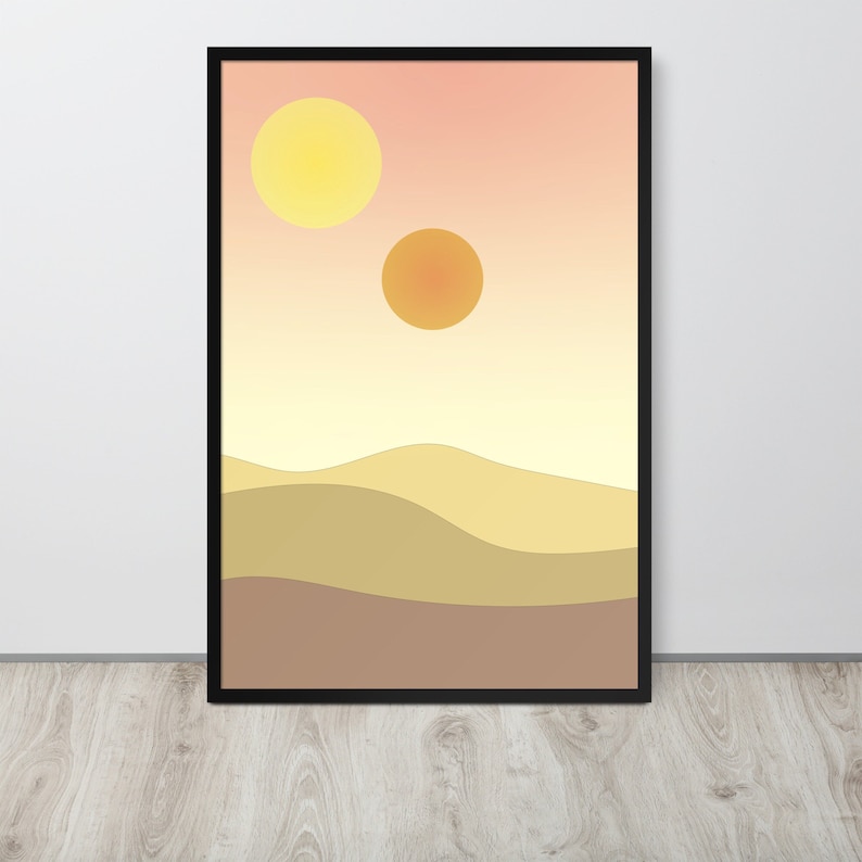 Binary Sunset Minimalist Poster – Twin Suns Desert Wall Art Print – Sci Fi Inspired Decor image 1