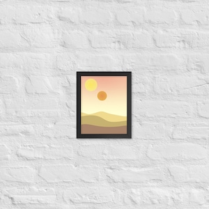 minimalist binary sunset inspired by star wars on a white brick wall